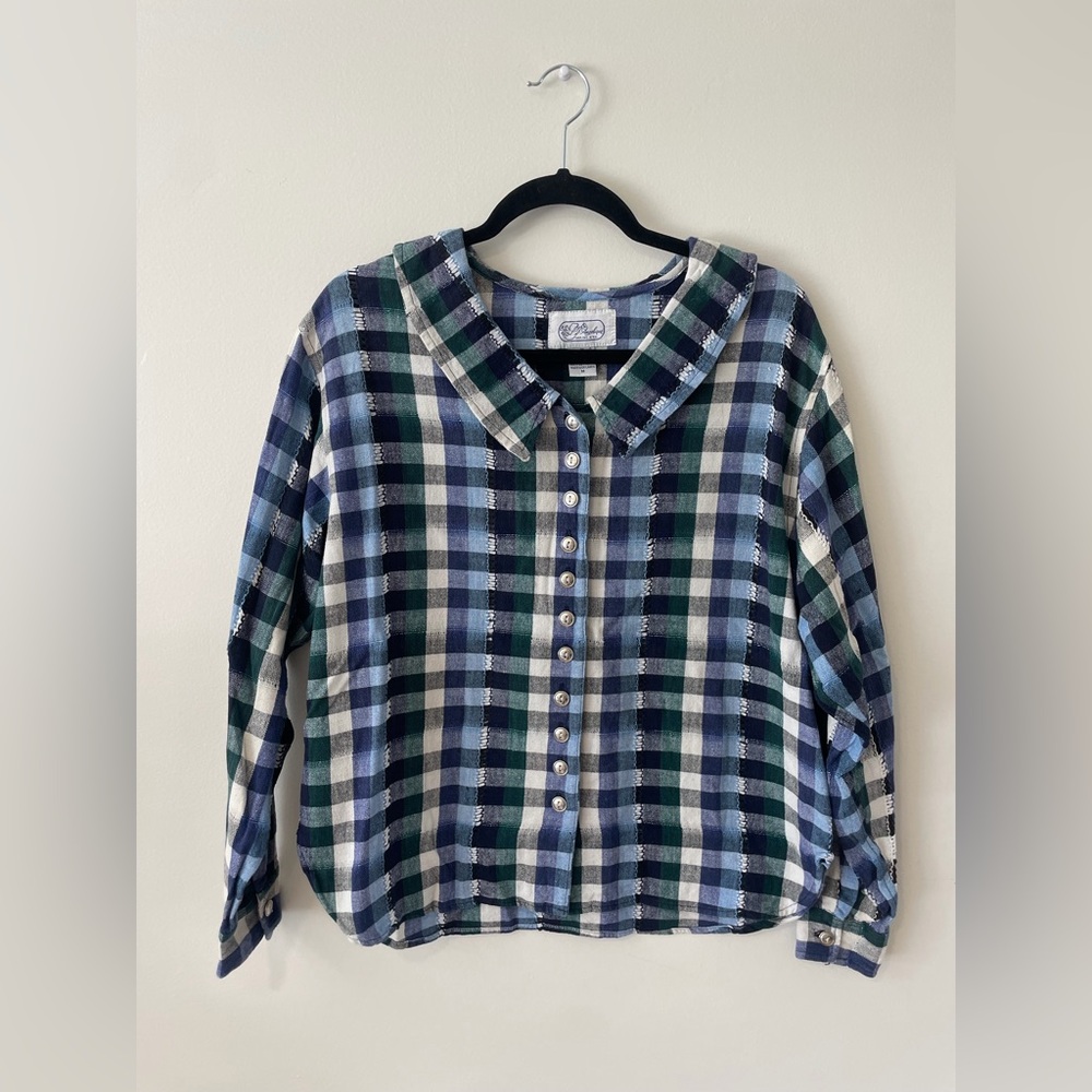 Angelique Vintage Blue White Plaid Cottage Boho Western Peasant Button Blouse M